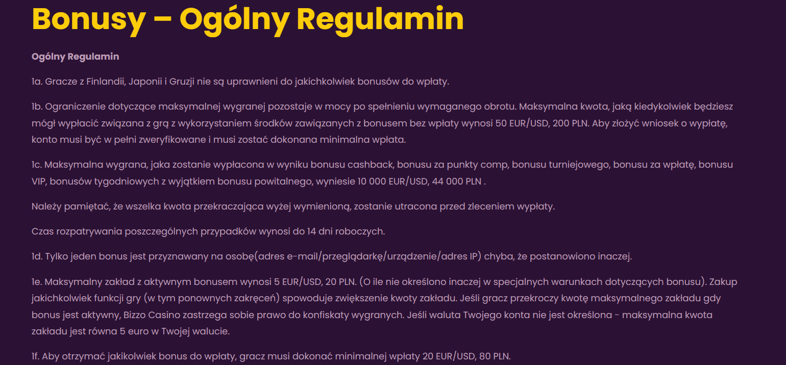 regulamin bonusow w kasynie bizzo