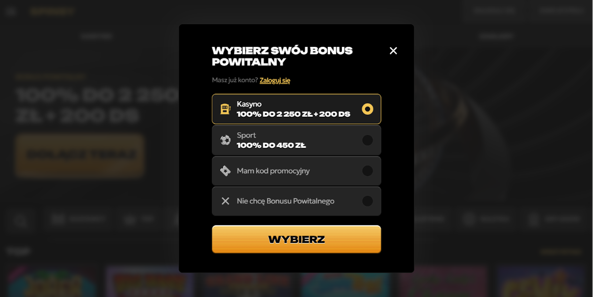 Spinsy rejestracja krok 1