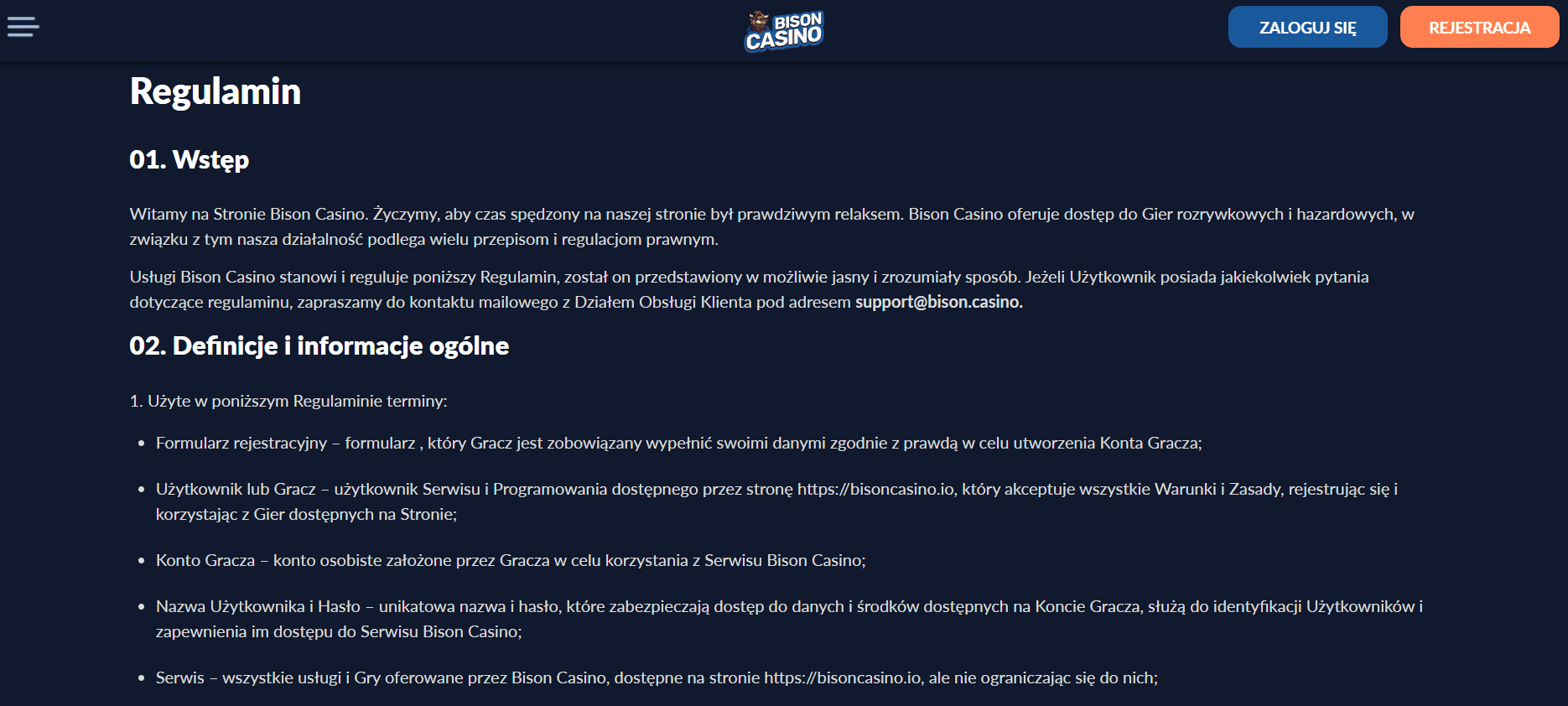 bison casino regulamin