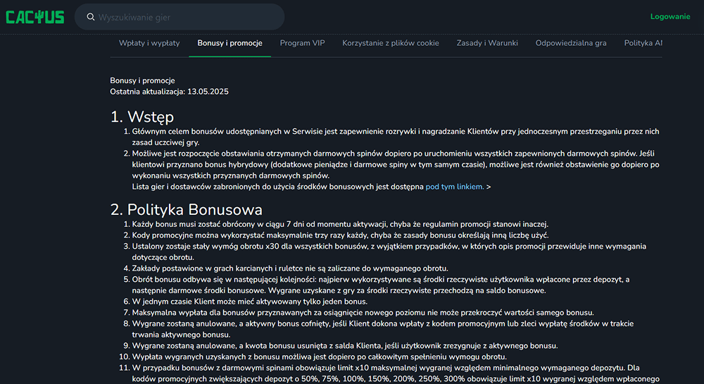 cactus casino bonus terms