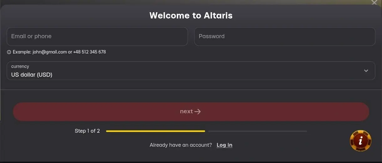 formularz rejestracji w altaris