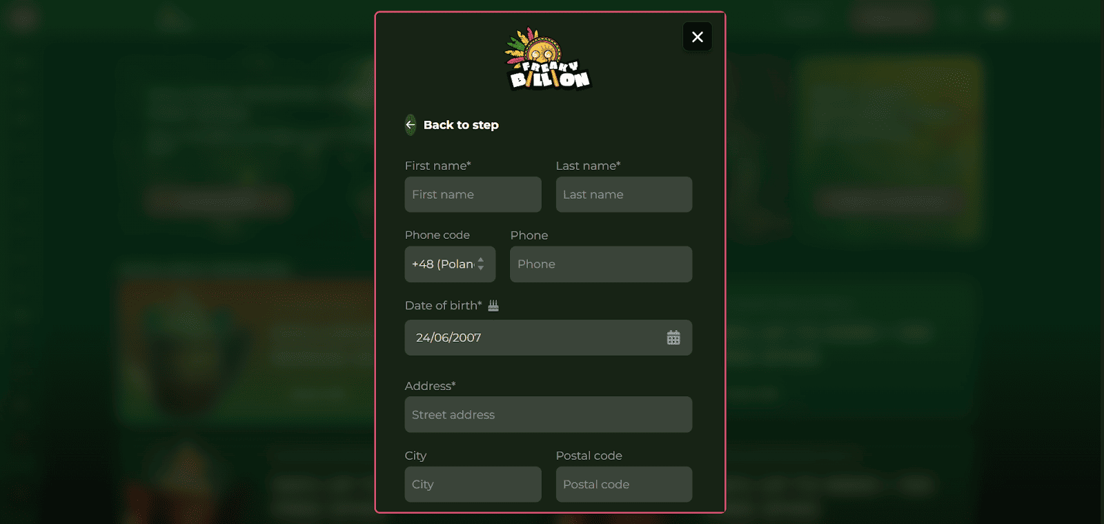 freakybillion dane do rejestracji