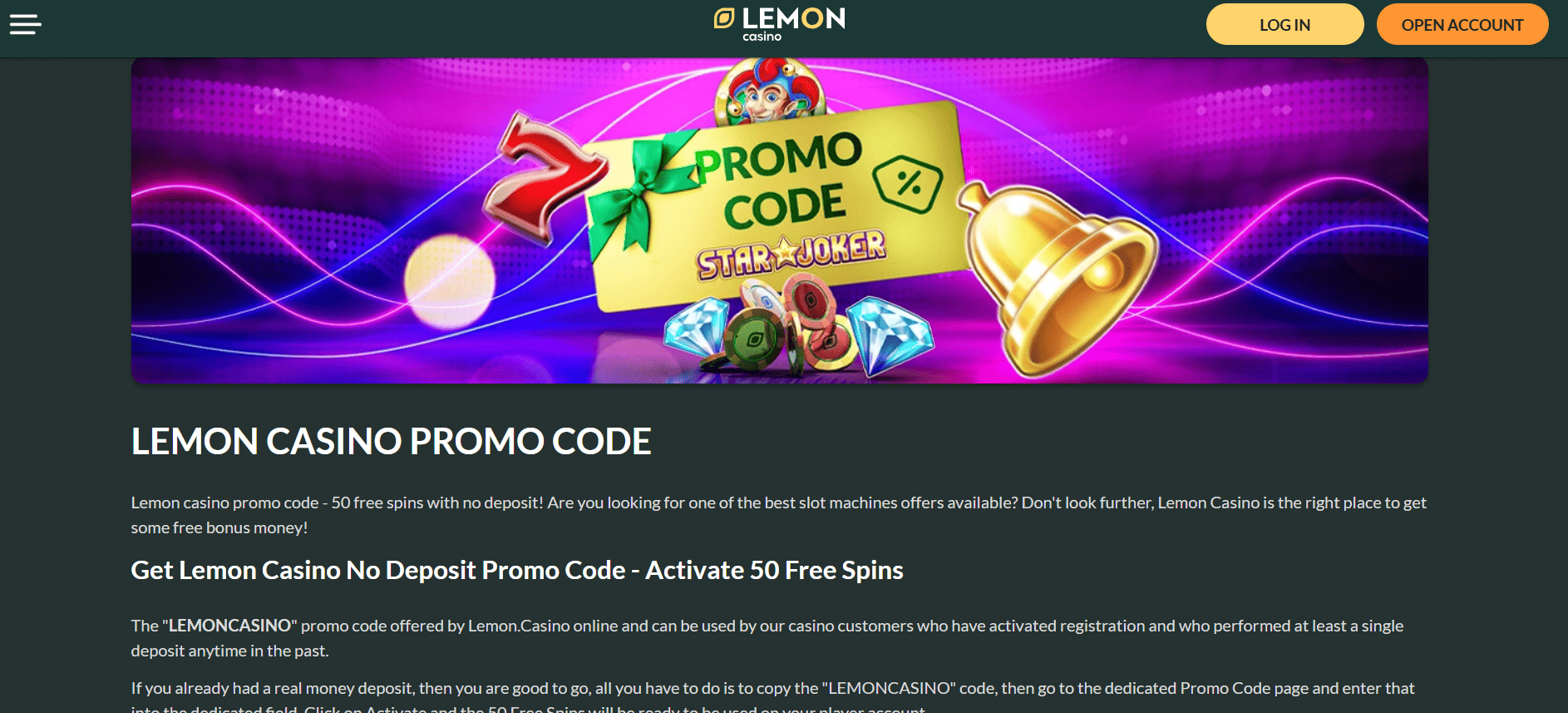 lemon casino promo code 50 fs