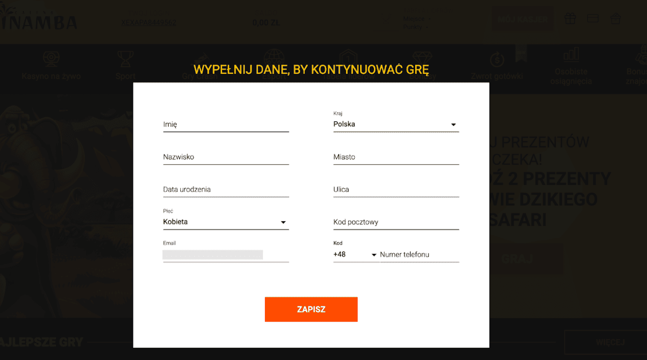 rejestracja w kasynie spinamba krok 4