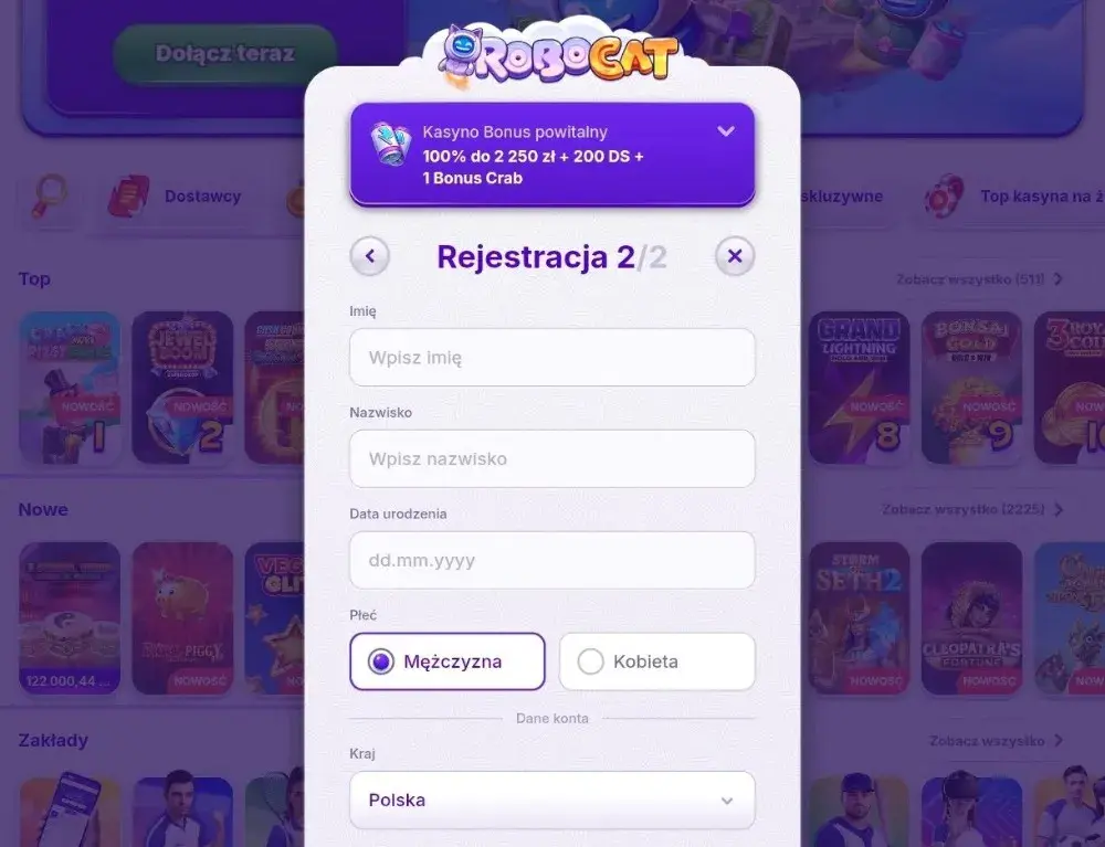robocat casino rejestracja krok 2