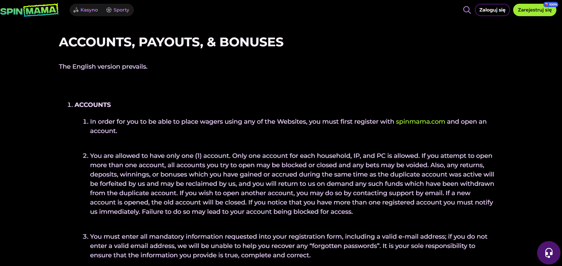 spinmama bonuses general terms