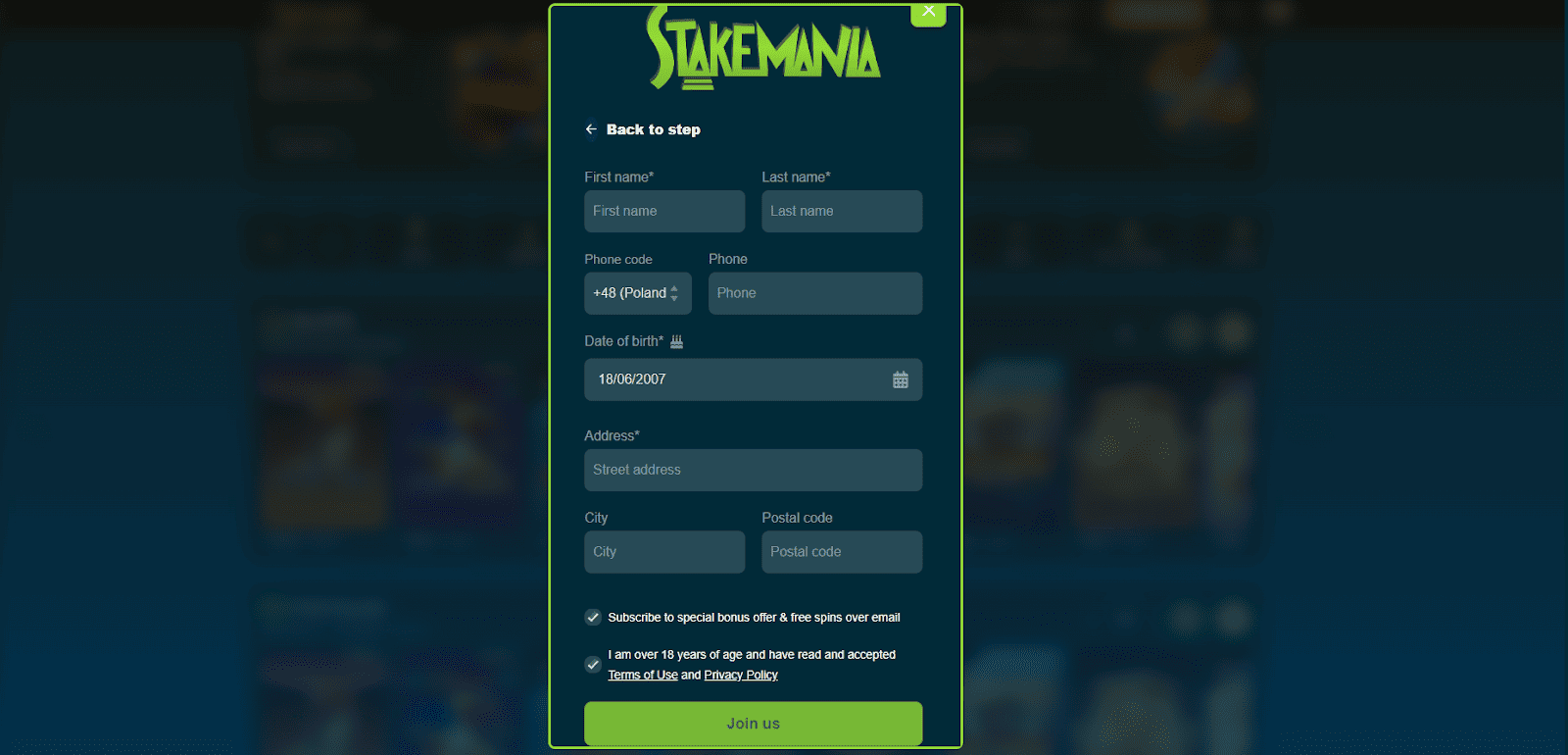 stakemania wypelnienie danych osobowych