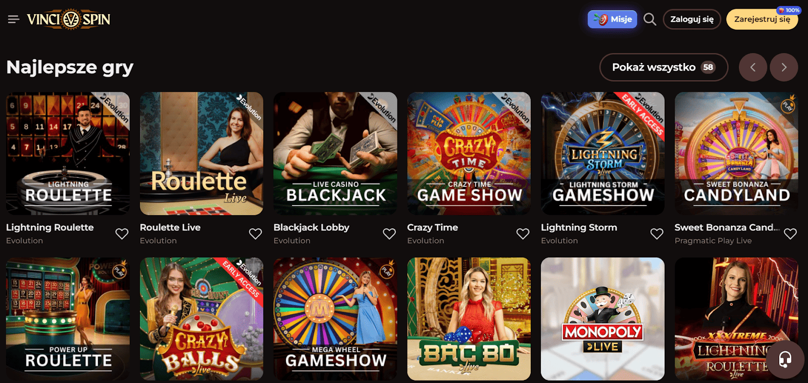 stoly do gry na zywo vinci spin