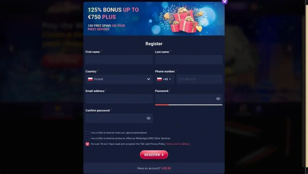 vegas plus casino formularz rejestracyjny