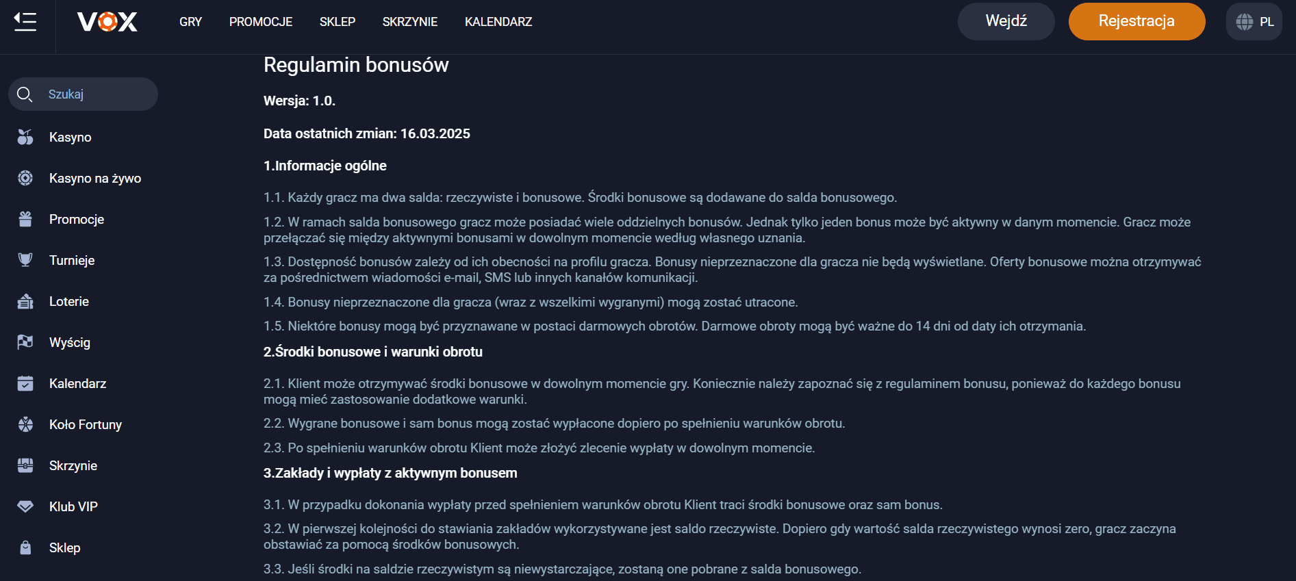 vox casino regulamin bonusow