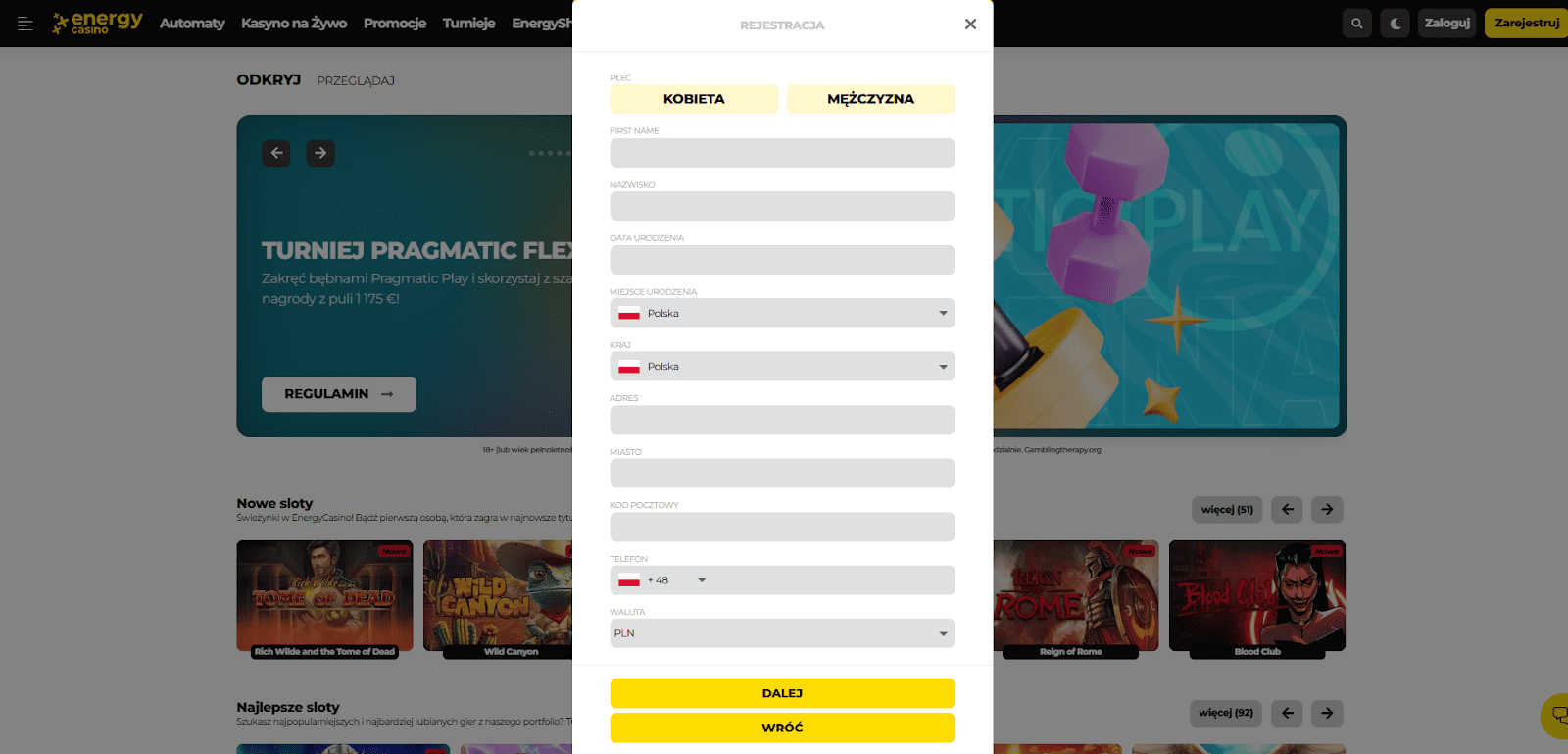 wprowadzanie danych do rejestracji energy casino