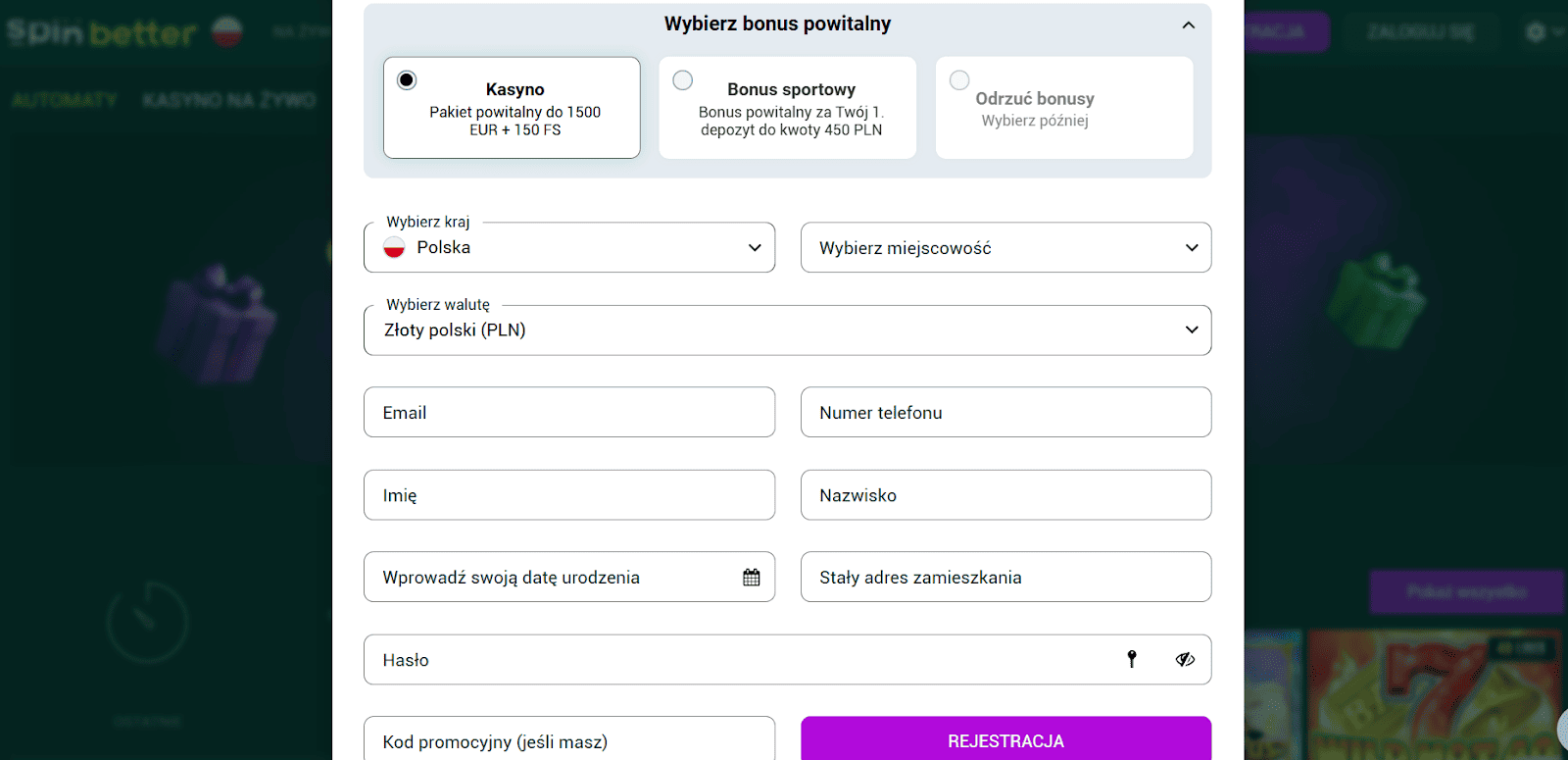 zaloz konto na stronie spinbetter